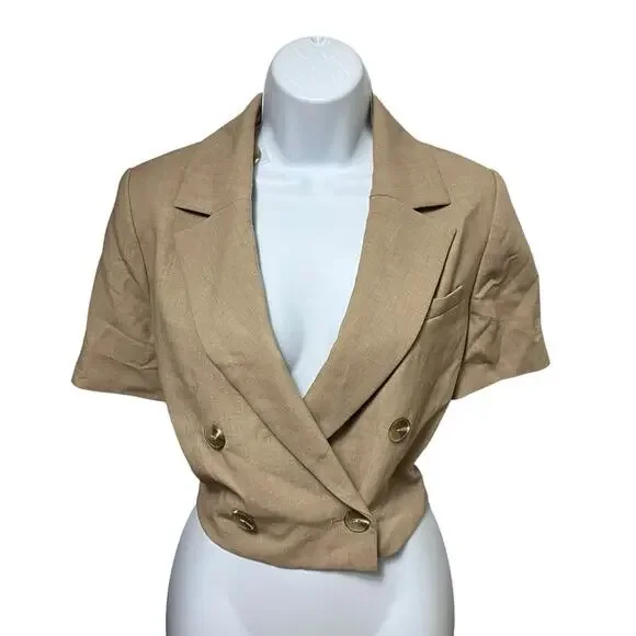 Maeve Blazer‎ Womens 6 Beige Cropped Anthropologie Short Sleeve Double Breasted - Picture 1 of 12